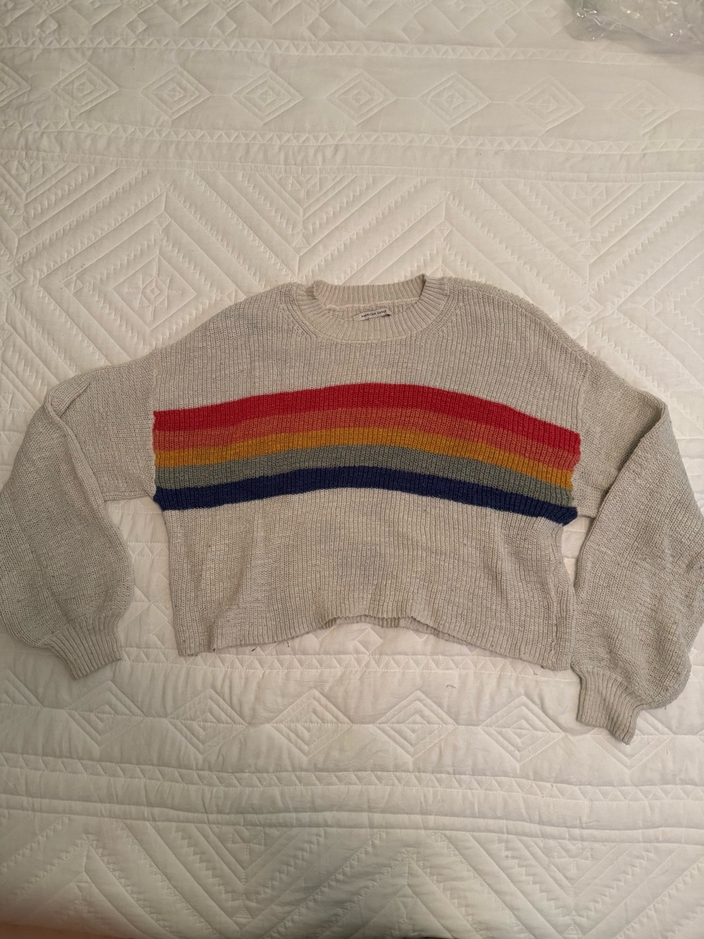 American Eagle Outfitters Cream Cropped Sweater with Rainbow Stripes